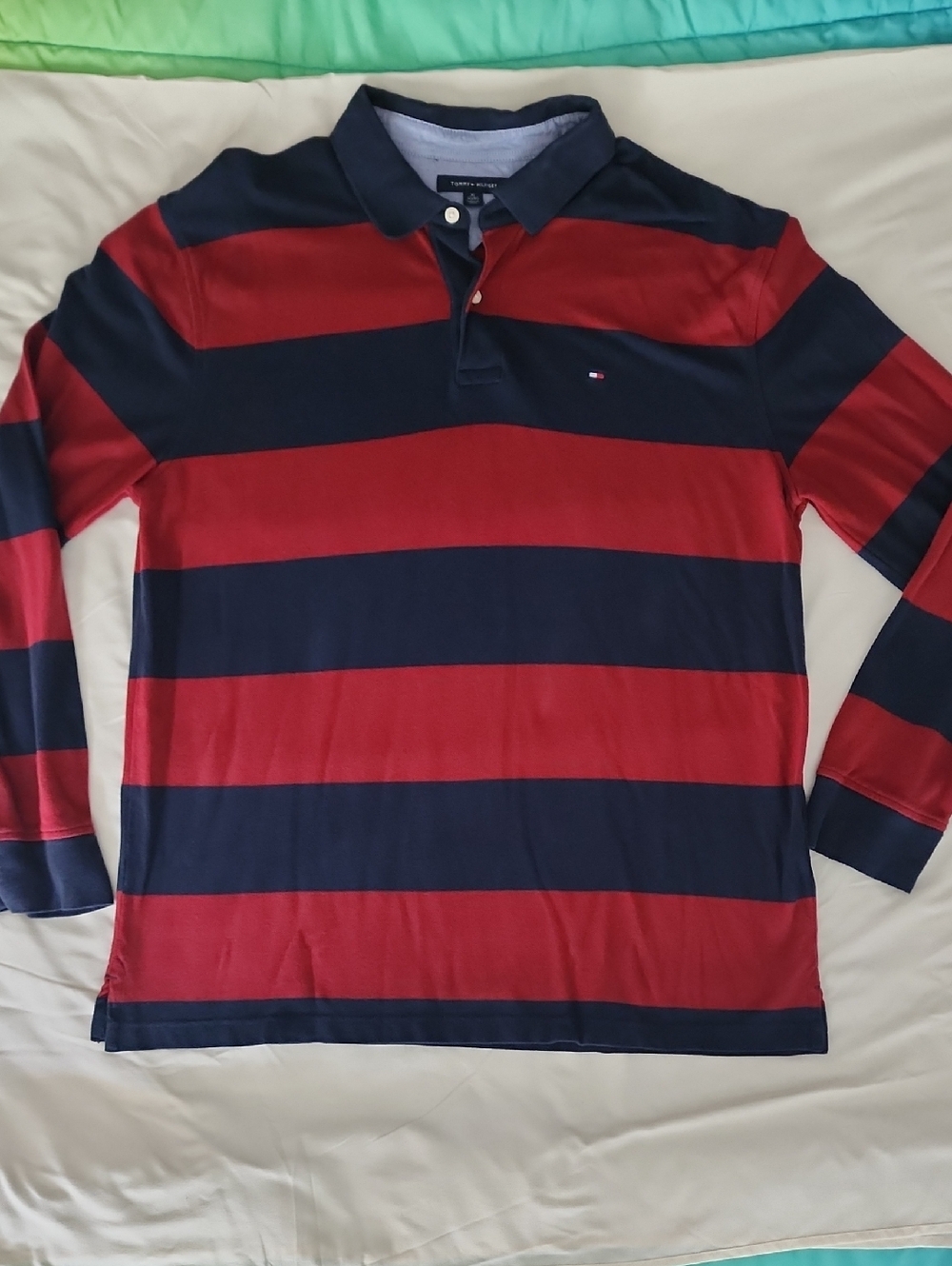 Vintage Tommy Hilfiger Navy and Red Striped Rugby Shirt - Size Adult XL